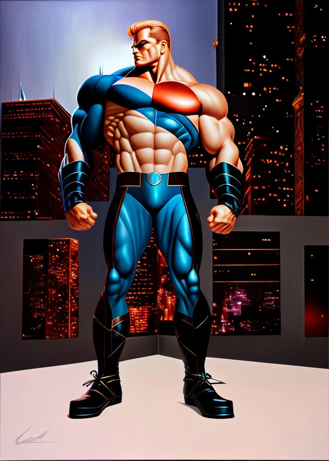 Muscular superhero with red cape and blue suit in classic comic book style