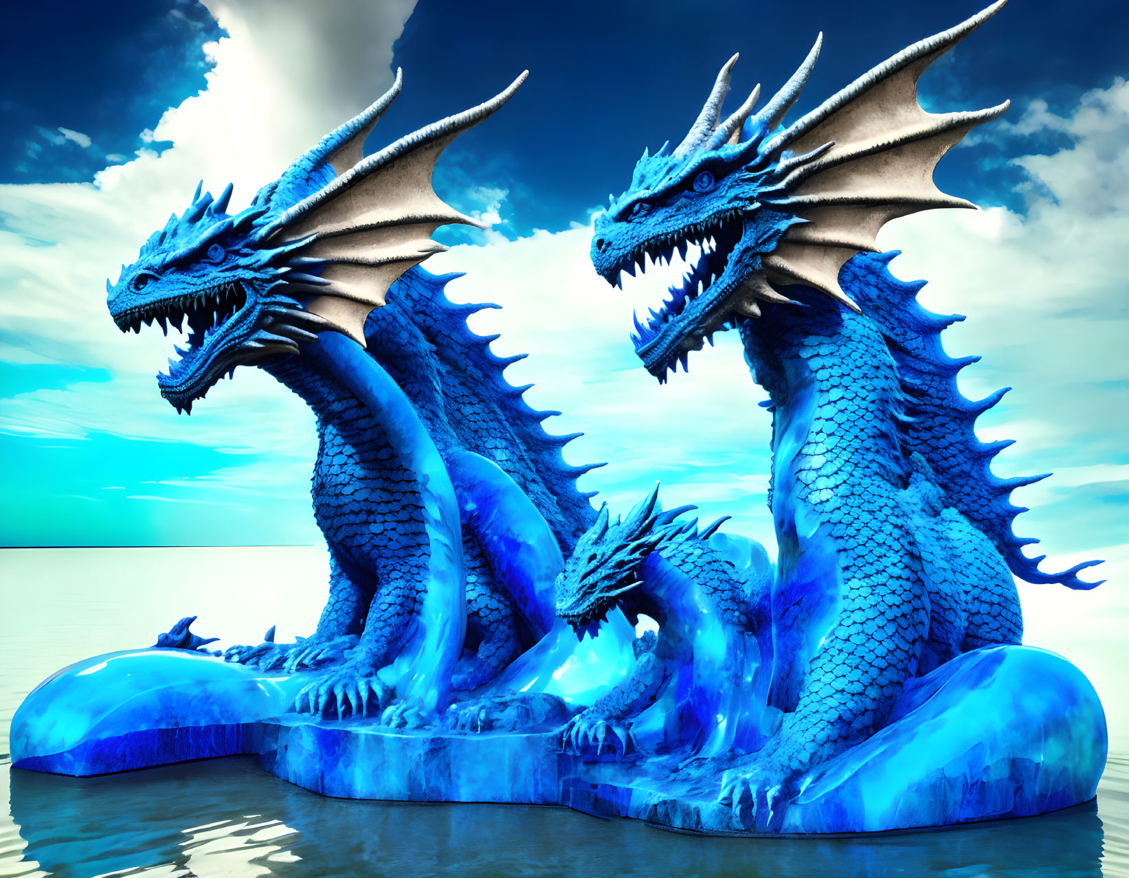 Three blue dragons with intricate scales and sharp spines by the sea under a dramatic sky