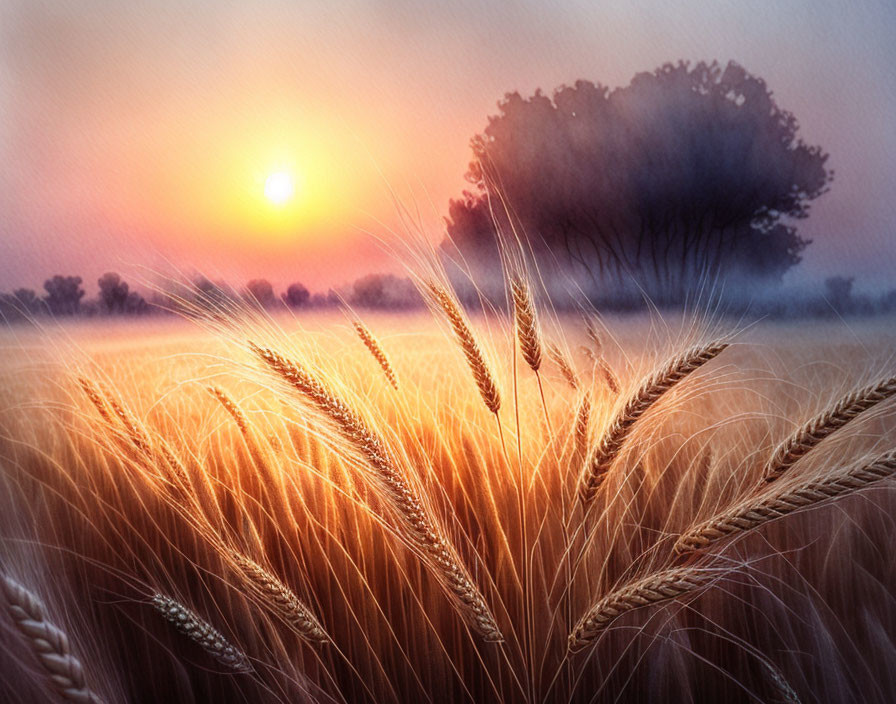 Ripe wheat field with tree silhouette at sunset