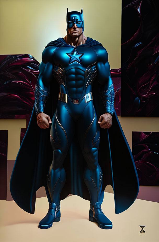 Muscular superhero in blue suit with star emblem and cape poses confidently.