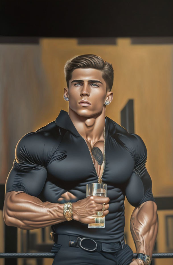 Muscular man with styled hair holding a glass, black shirt, watch, and earring