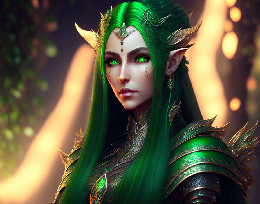 Elven character with long green hair and intricate armor in forest scene