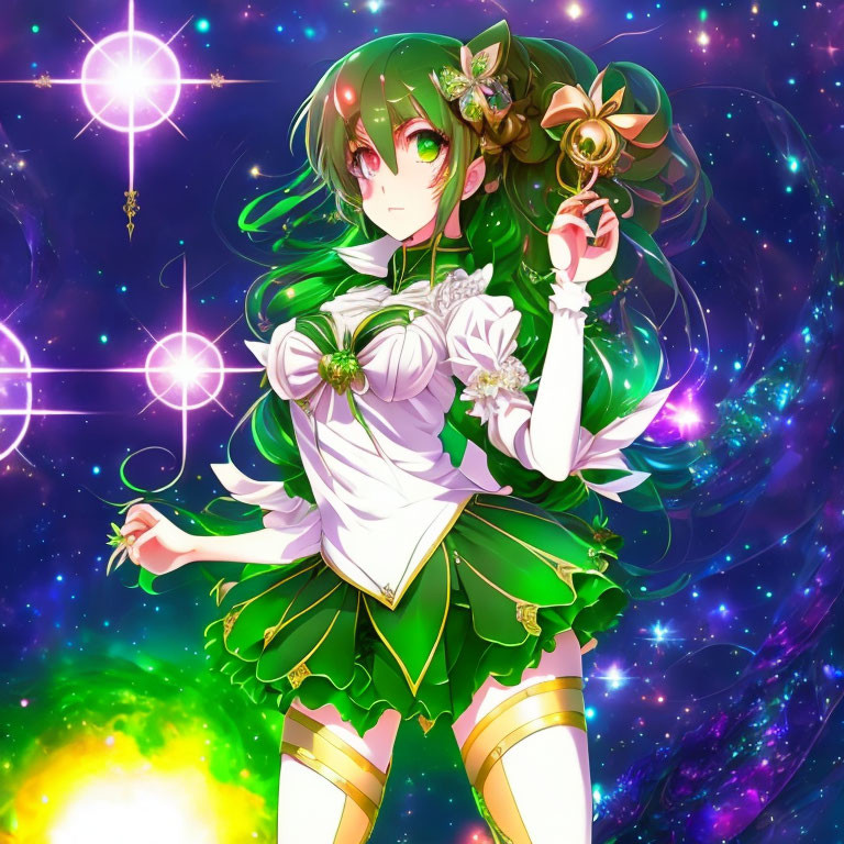 Green-haired anime-style girl in vibrant costume against cosmic starry backdrop