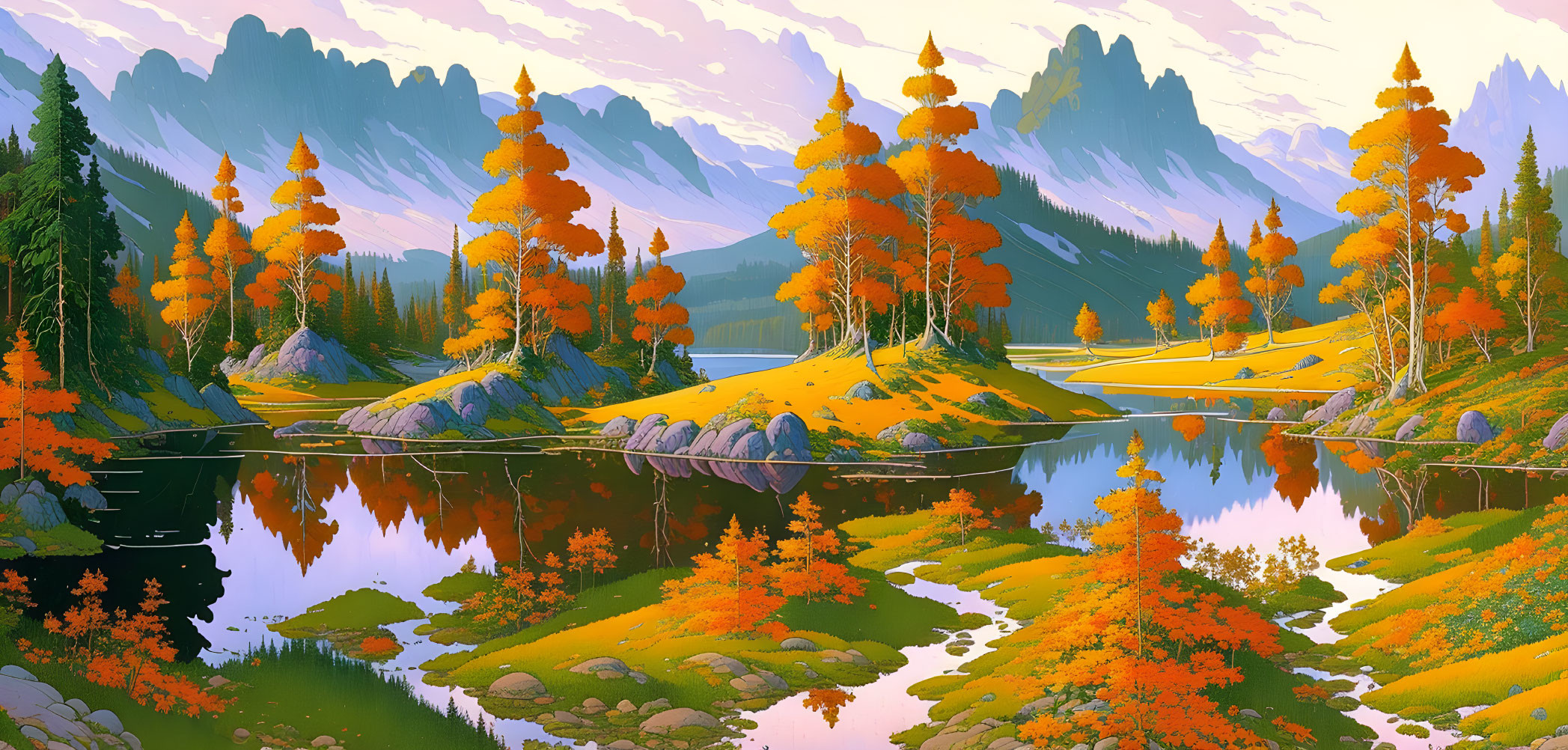 Autumnal landscape with golden-orange trees, tranquil lake, and purple mountains