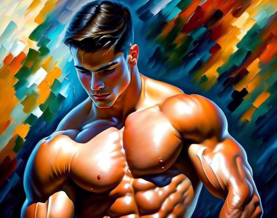 Muscular man posing with intense expression on colorful abstract background