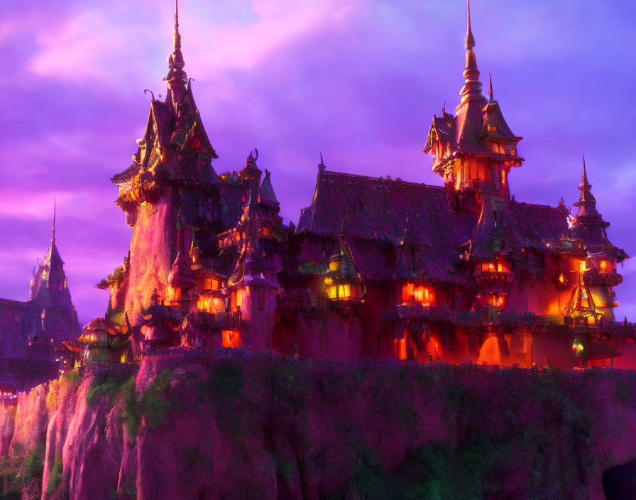 Illuminated castle on cliff at twilight with purple sky