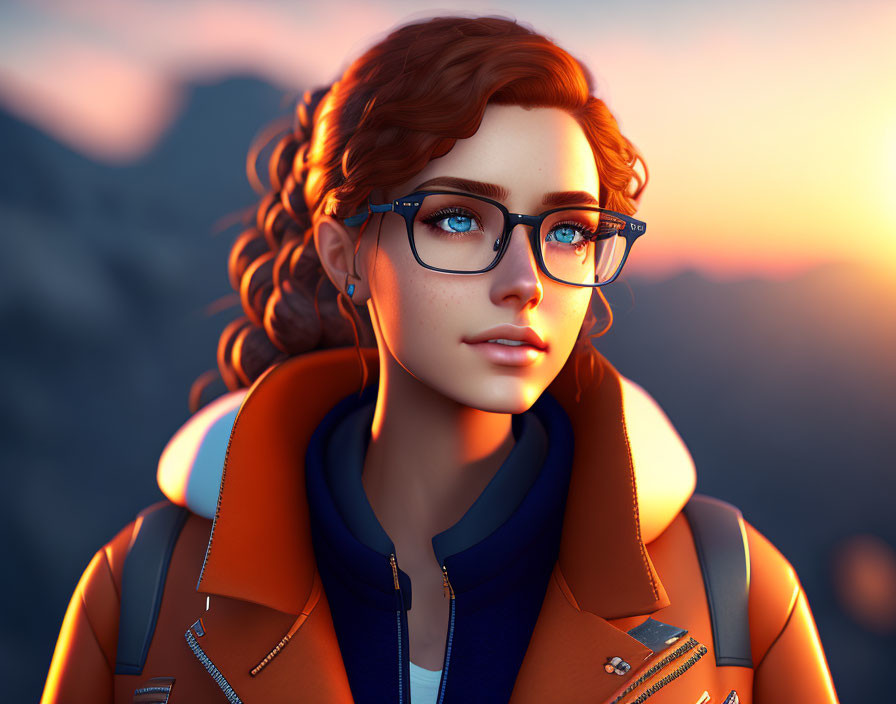 Digital artwork featuring woman with glasses and ginger bob haircut in blue shirt and orange vest against sunset and mountains