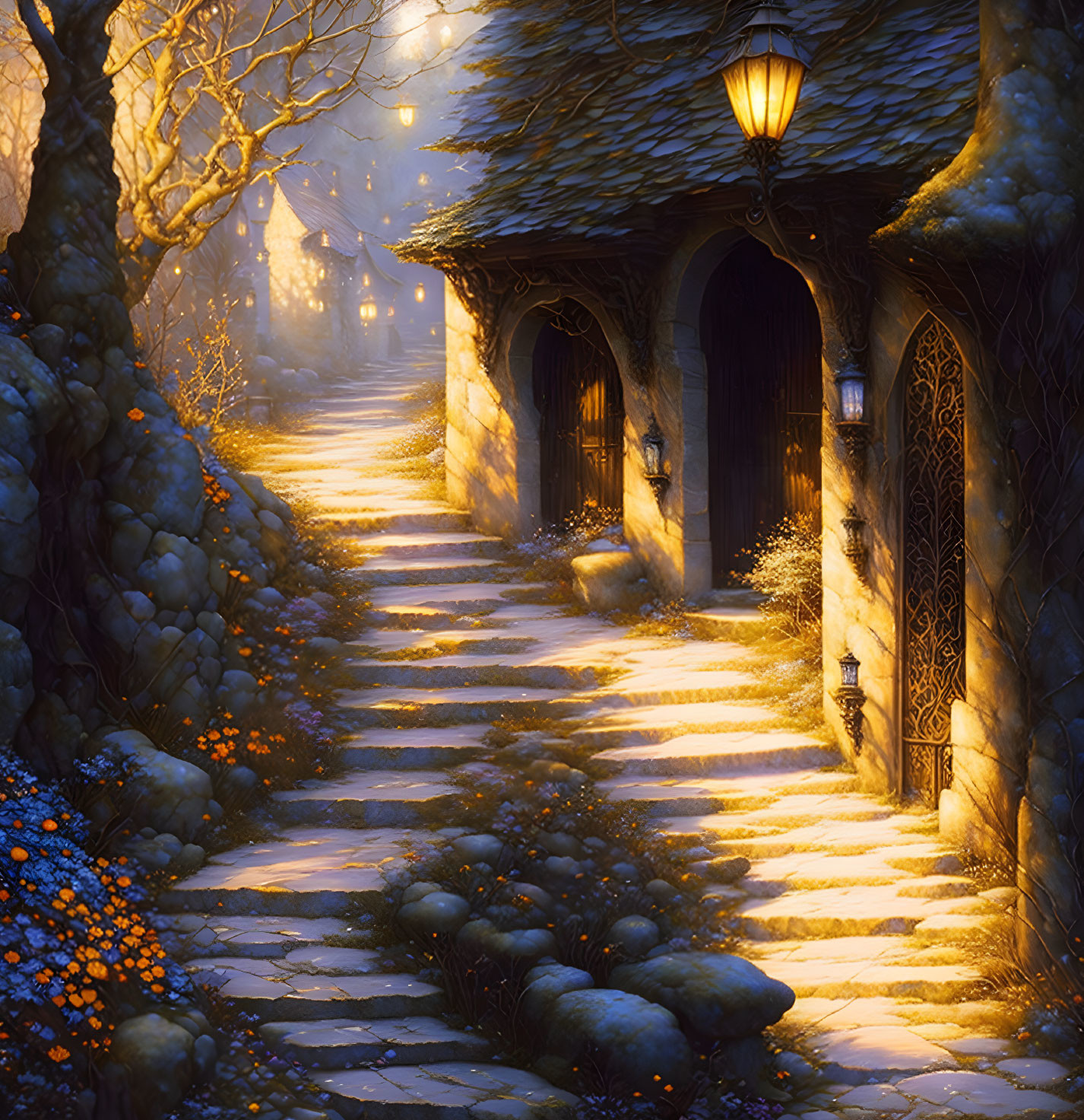 Twilight scene: Cobblestone path to enchanting cottage with blue flowers & warm light