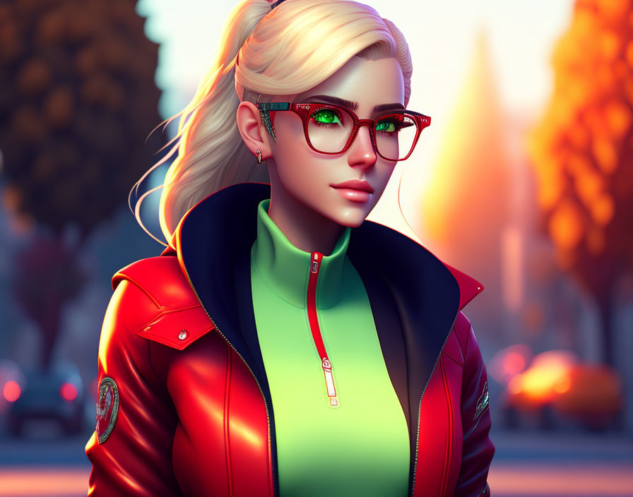 Platinum blonde woman with green glasses in red jacket in autumnal street scene