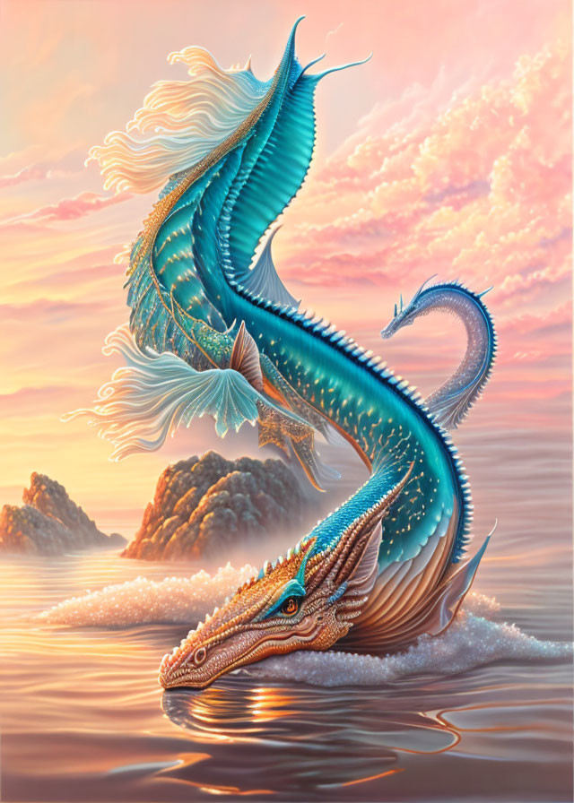 Majestic blue dragon emerging from ocean at sunset