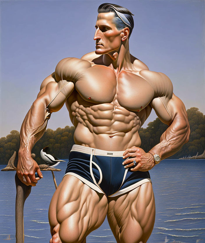 Detailed hyper-realistic painting of muscular man by wooden post with bird, serene lake backdrop