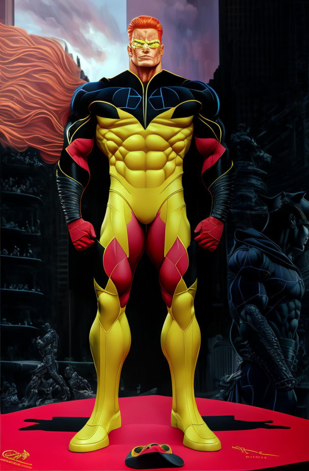 Muscular Red-Haired Male Superhero in Yellow and Red Suit with Blue Cape Standing in Cityscape