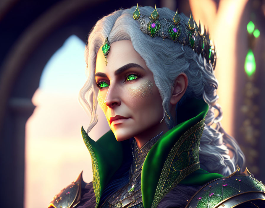 Ethereal woman with green eyes in bejeweled crown and elegant attire