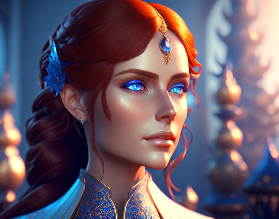 Digital artwork: Woman with blue eyes, ornate headpiece, red hair in braid, surrounded