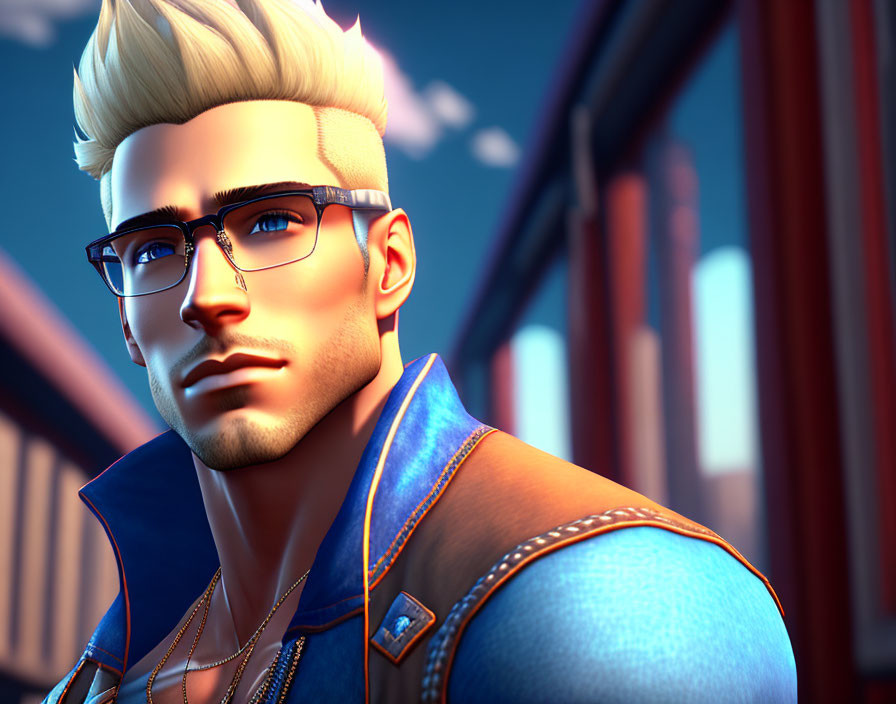 Blond-Haired Male Character in Denim Jacket with Glasses on Blurred Bridge Background