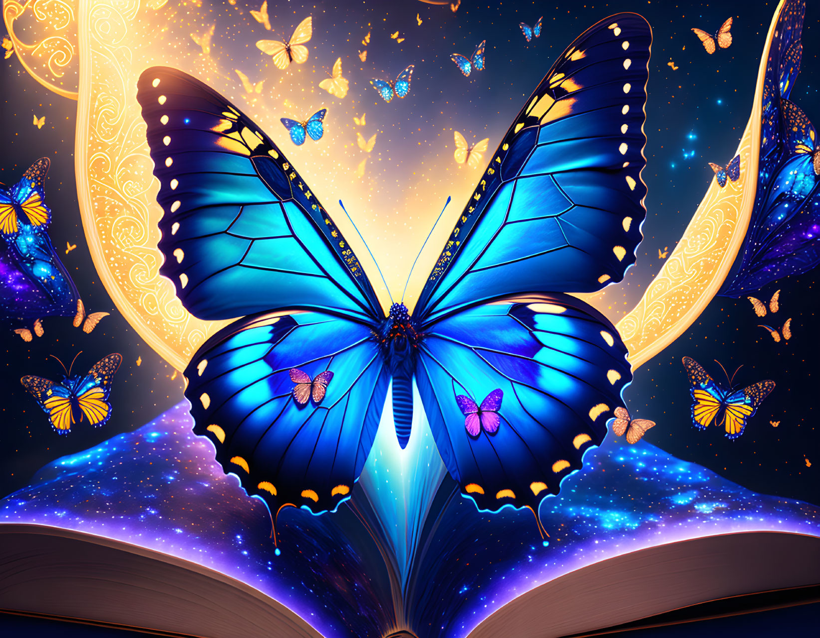 Radiant blue butterfly and smaller butterflies on open book against cosmic backdrop