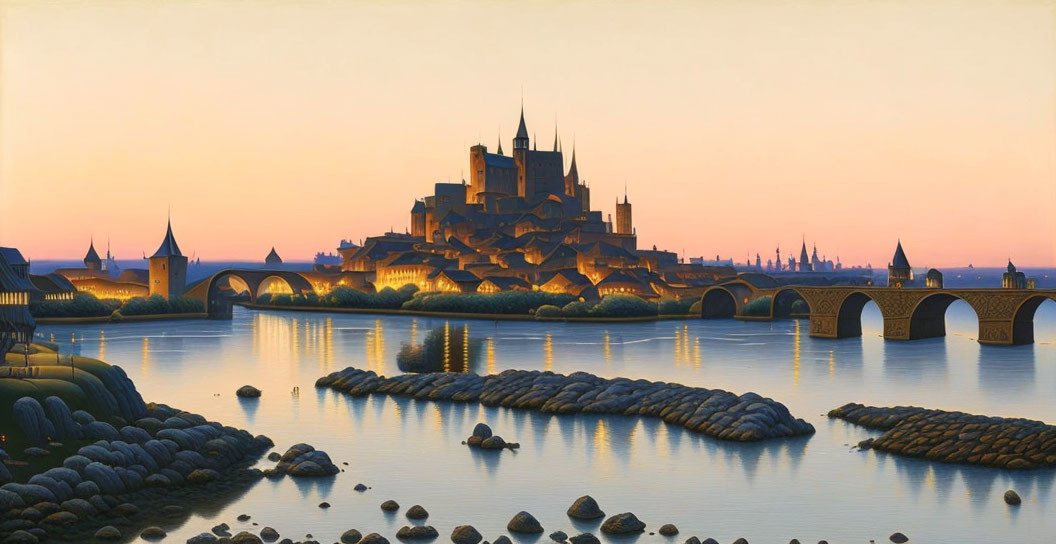 Grand castle overlooking calm river at sunset