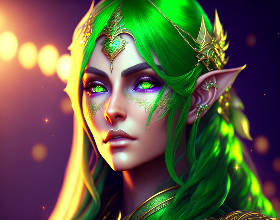 Fantastical portrait of female elf with green eyes and golden tiara