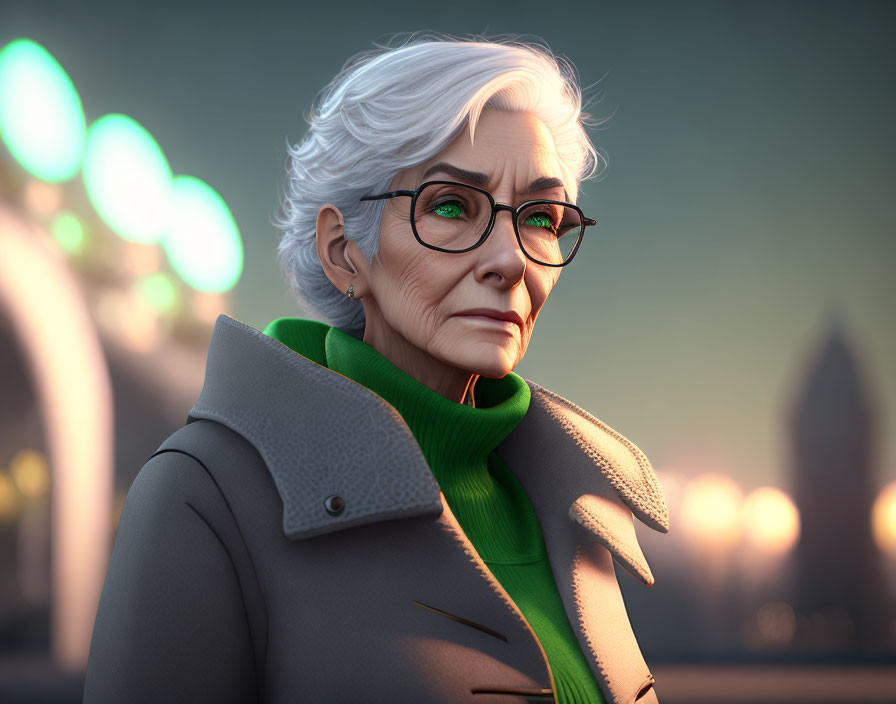 Elderly woman in green scarf and gray coat against cityscape.