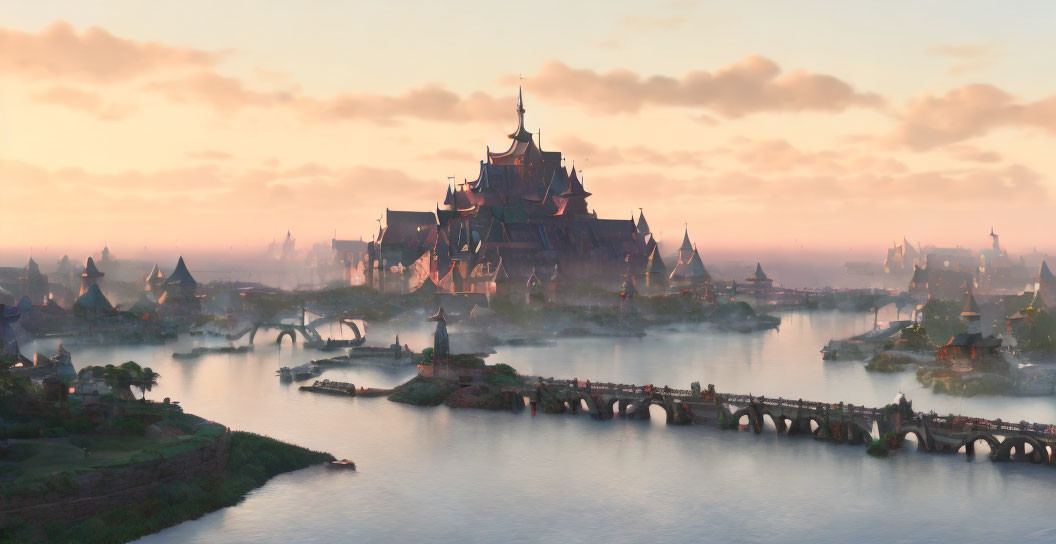 Majestic castle on island in fantasy sunrise landscape