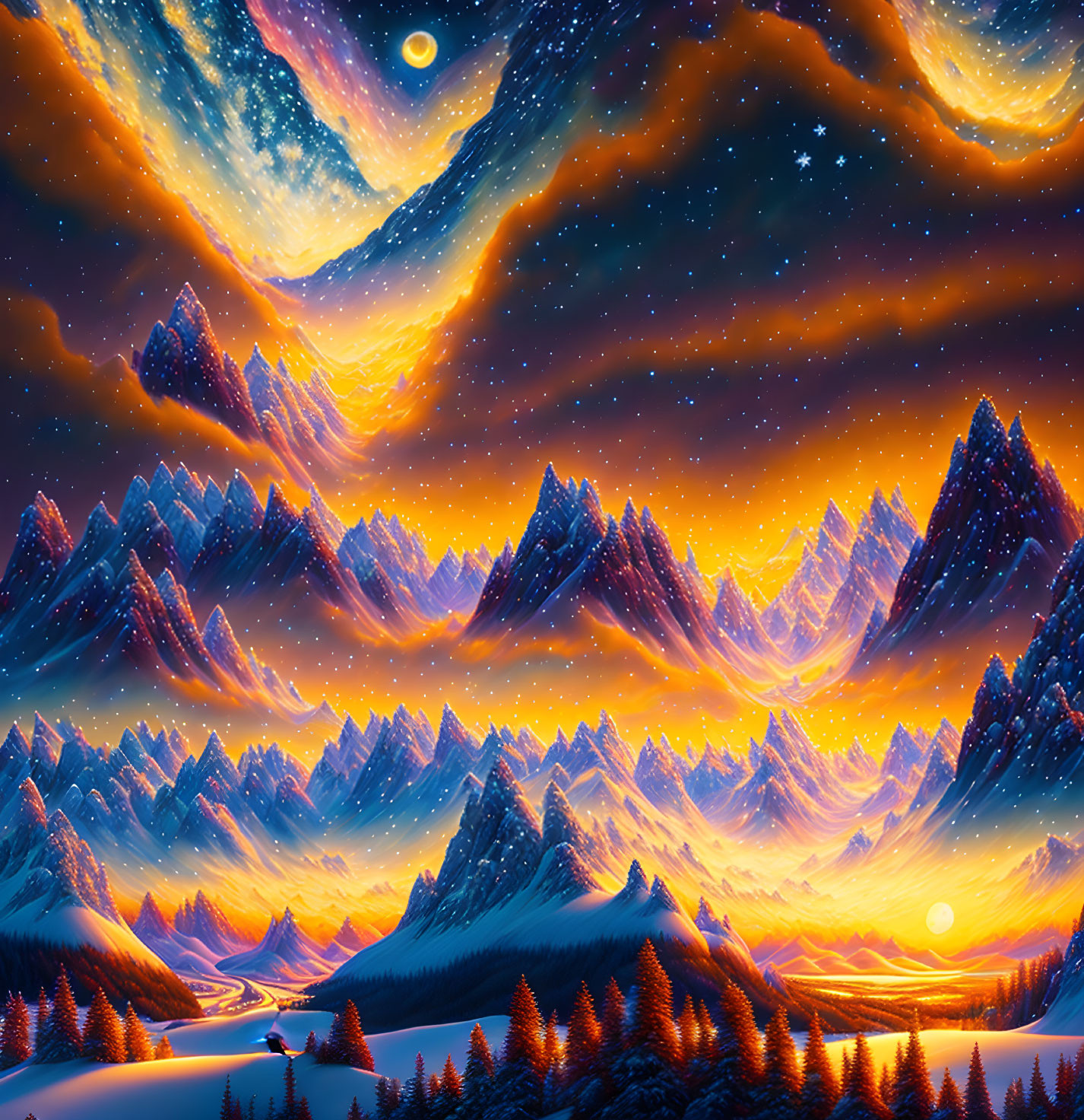 Mystical mountain range with night and day skies, celestial bodies, and starlit forest.