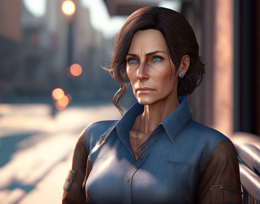 Brown-Haired Woman in Blue Shirt and Earrings on Sunlit Street