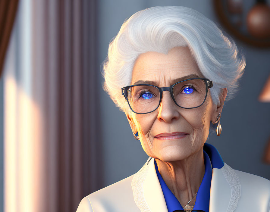 Elderly woman with white hair and glasses smiling in warmly lit room