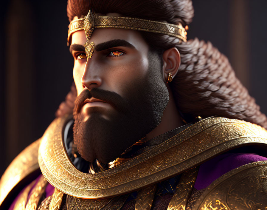 Regal man with beard in golden crown and armor, animated image