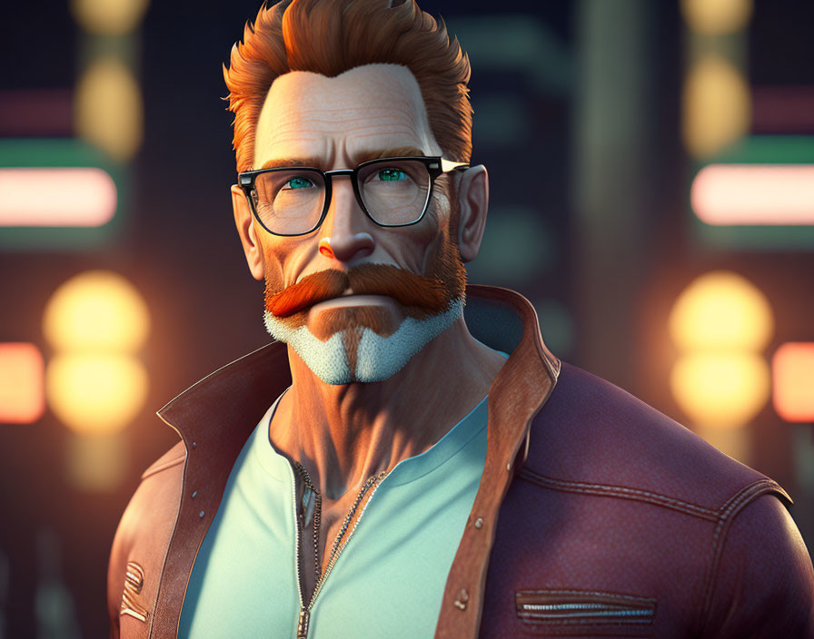 Ginger-bearded man in glasses, leather jacket, blue shirt, city lights background