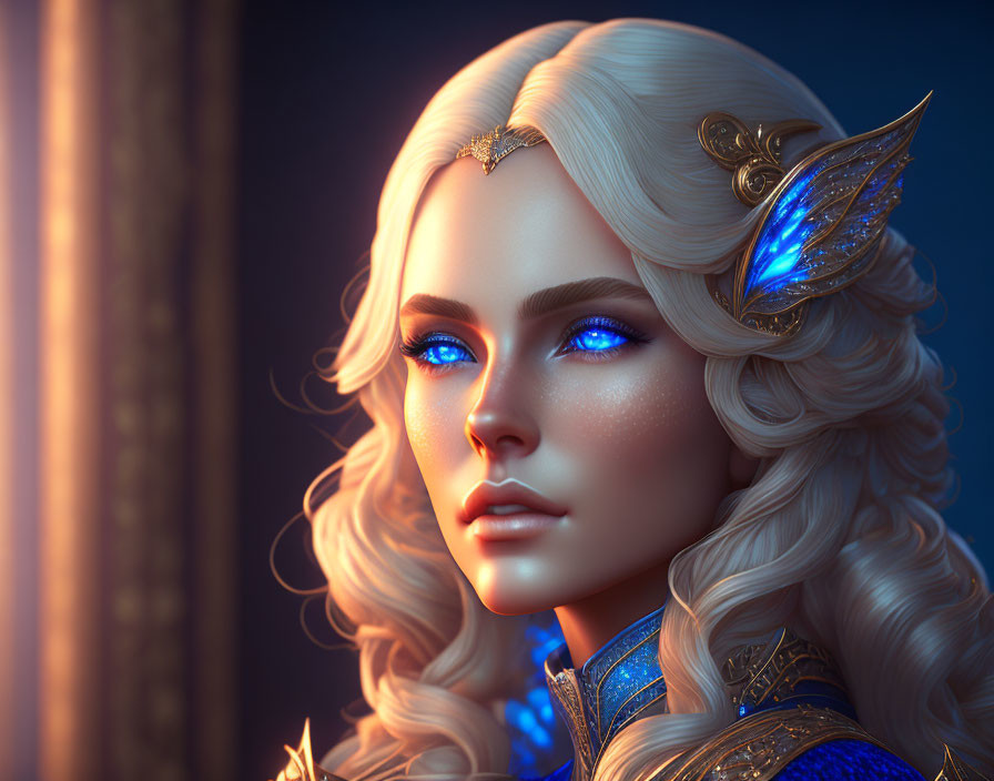 Ethereal female elf with blue eyes, golden hair accessories, pointed ears, blue and gold armor