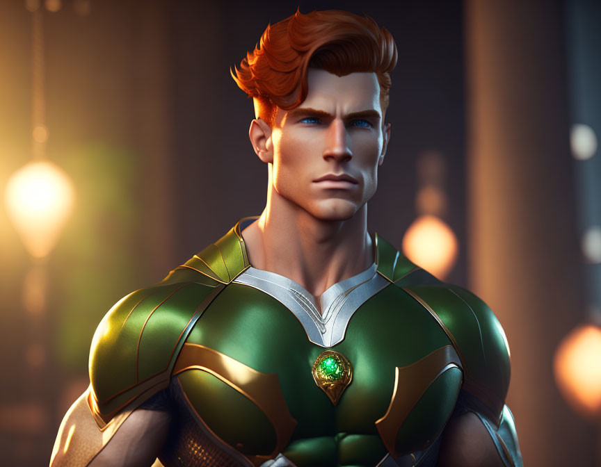 Heroic character with red hair and green costume and glowing gem.