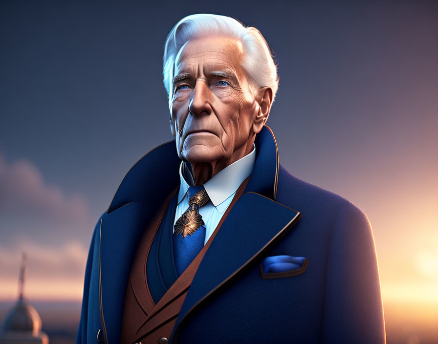 Elderly gentleman in sharp blue suit on sunset sky backdrop