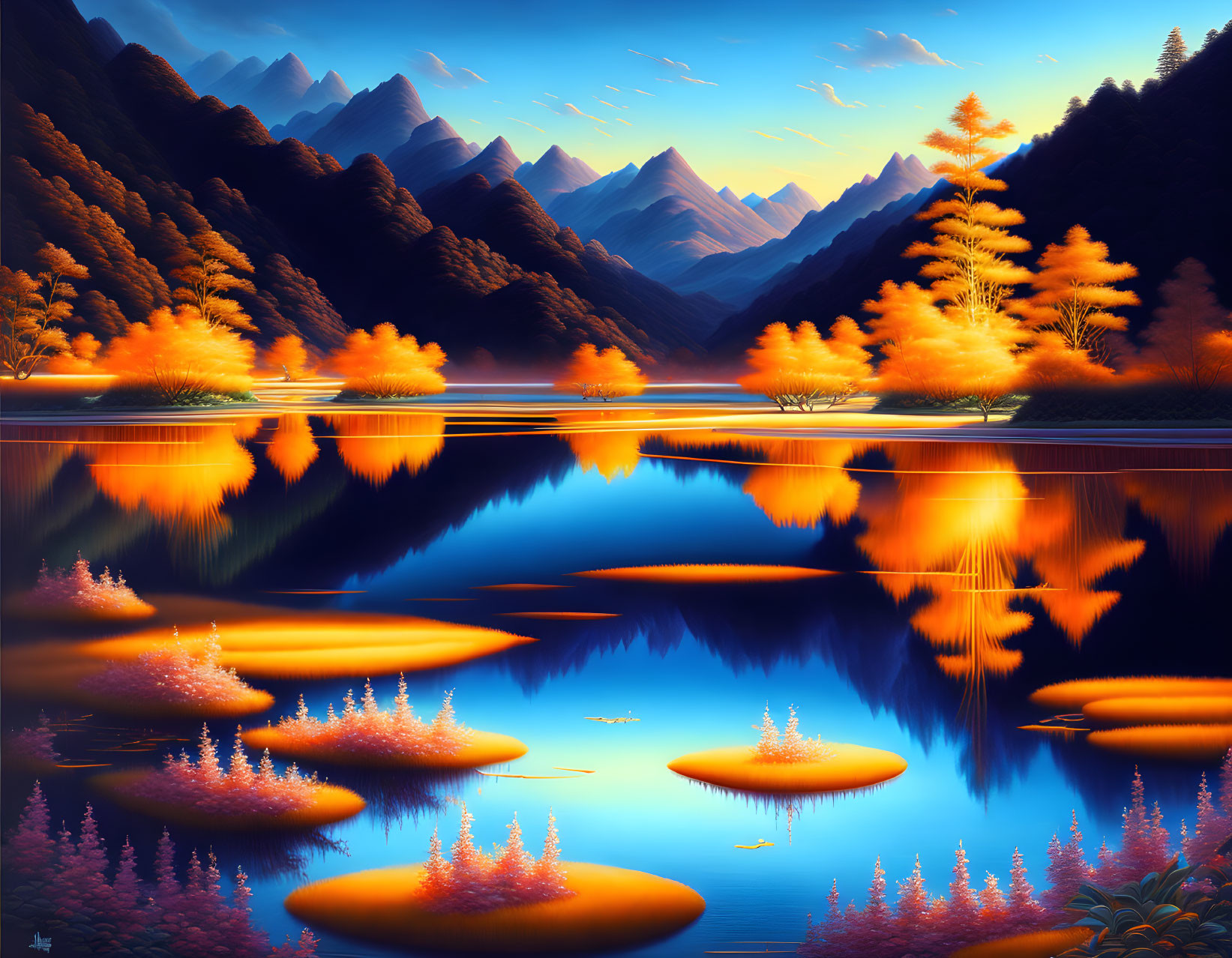 Scenic landscape: reflective lake, mountains, autumnal trees, twilight sky