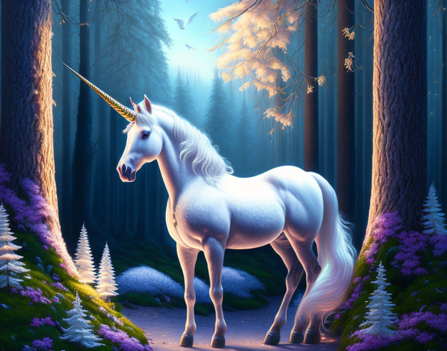 White Unicorn in Vibrant Purple Forest with Blue Lighting