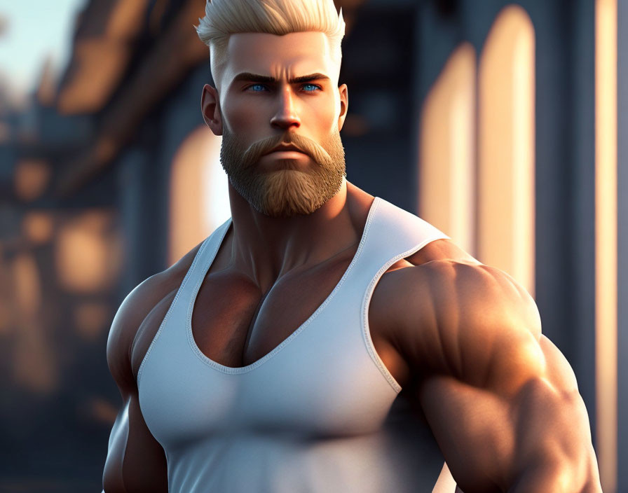 Muscular Male Character with Blonde Beard in White Tank Top