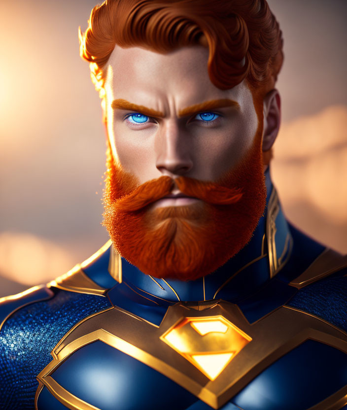 Digital artwork: Man with blue eyes, red beard, blue & gold armor.