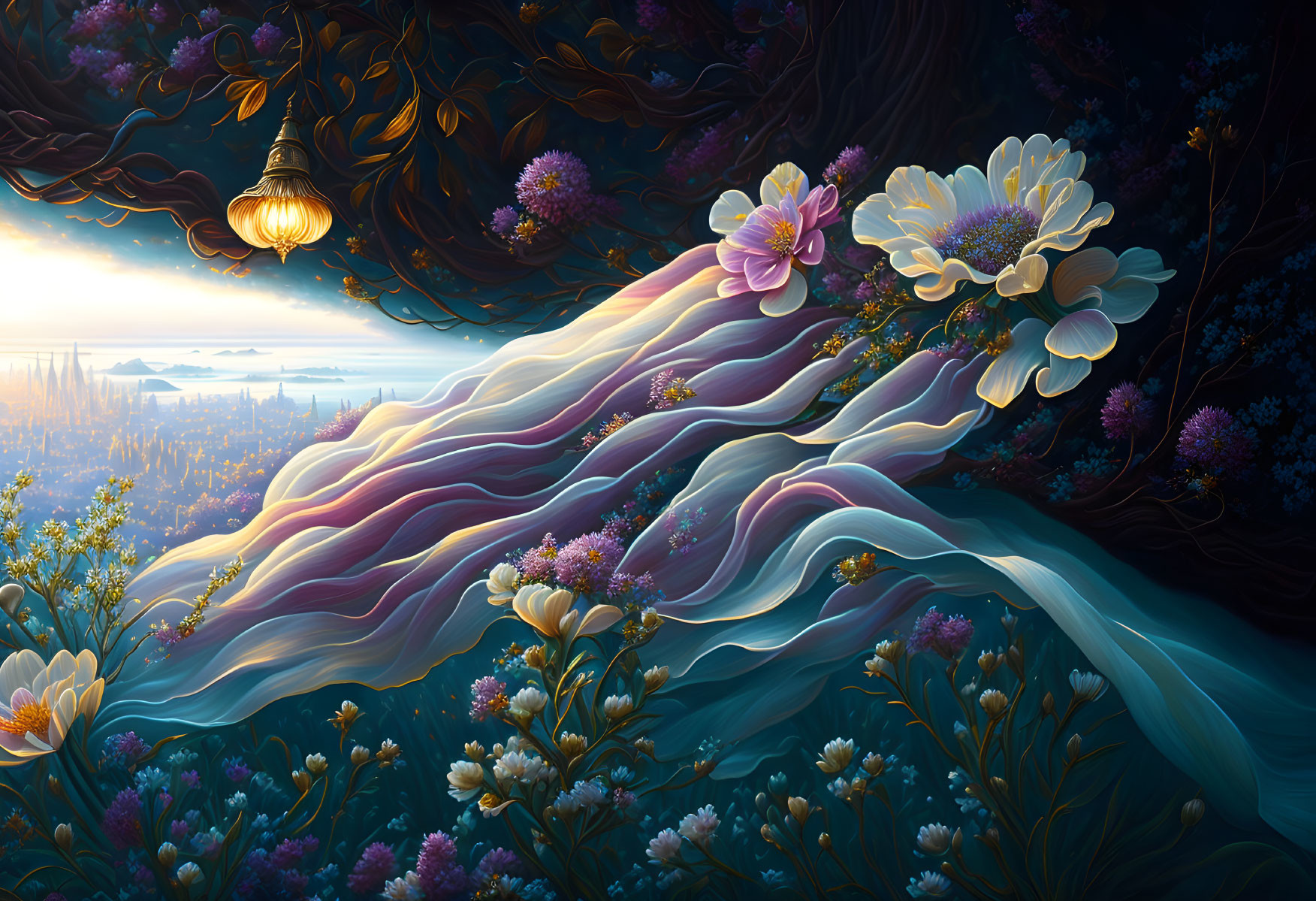 Fantastical landscape with floral streams and hanging lantern.