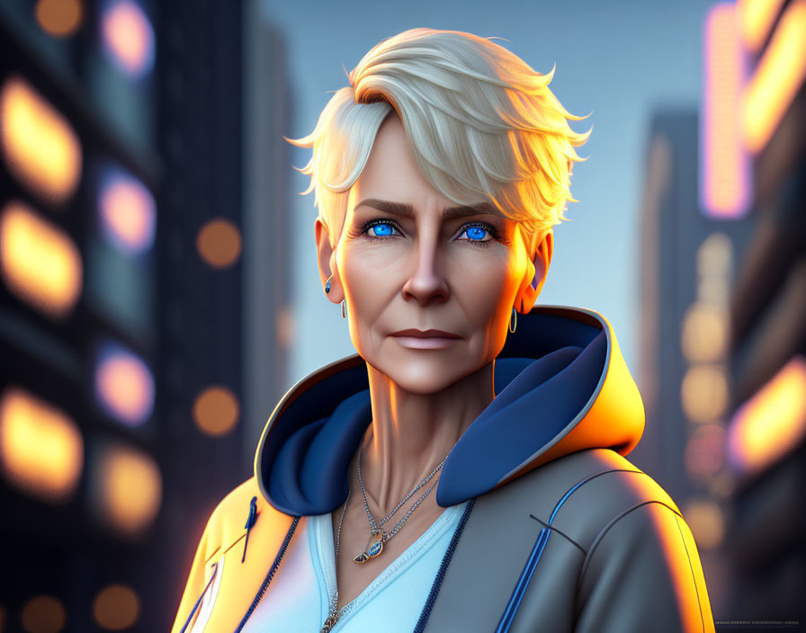 Digital portrait of older woman with short blonde hair and blue eyes in hoodie against blurred cityscape at dusk