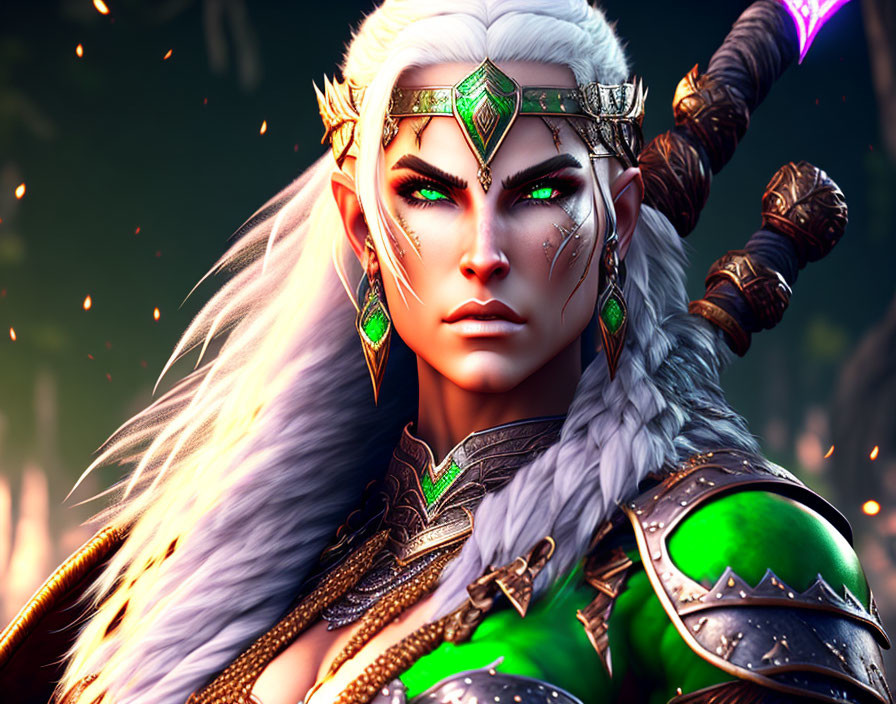 White-haired elf in green armor against dark forest