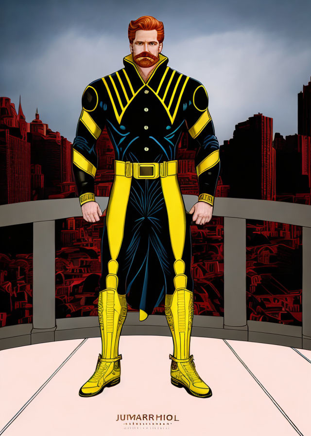 Male superhero with beard in yellow and blue costume on rooftop.