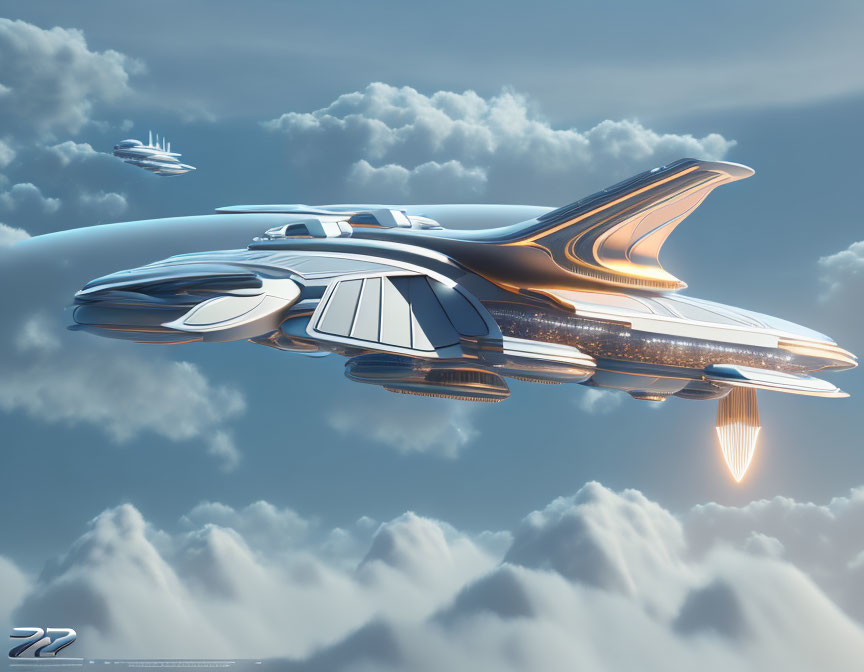 Futuristic airplanes with metallic finish flying above clouds