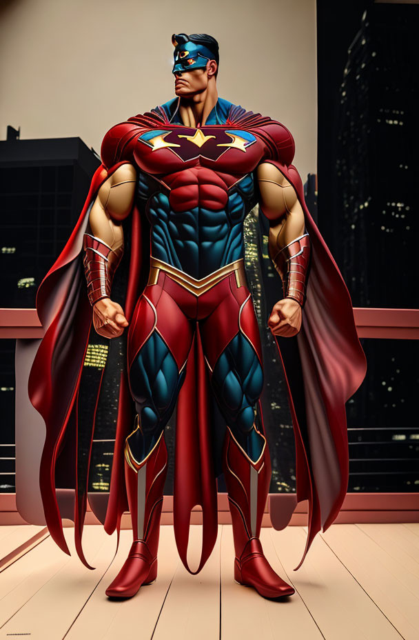 Muscular superhero in red and blue costume with flowing maroon cape and bird emblem, standing on balcony