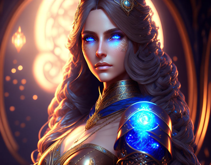 Fantasy woman portrait with glowing blue eyes and intricate armor against mystical backdrop