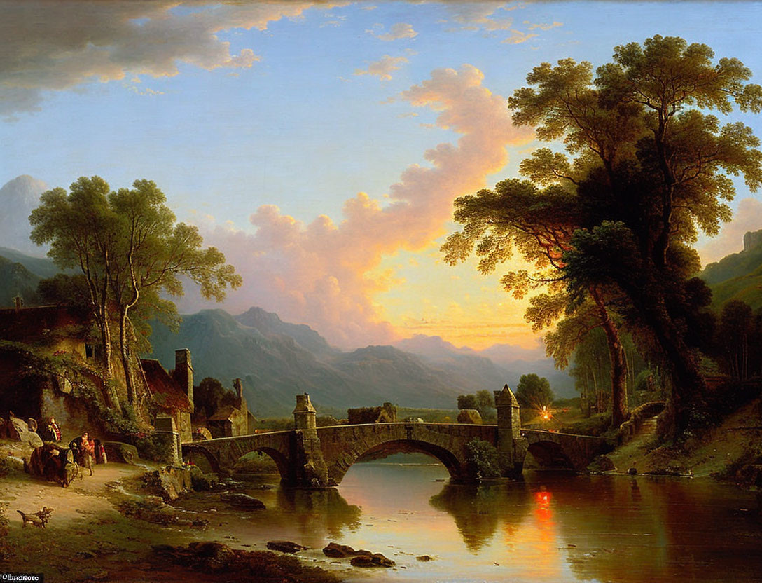 Scenic landscape painting: stone bridge, river, figures, animals, trees, mountains