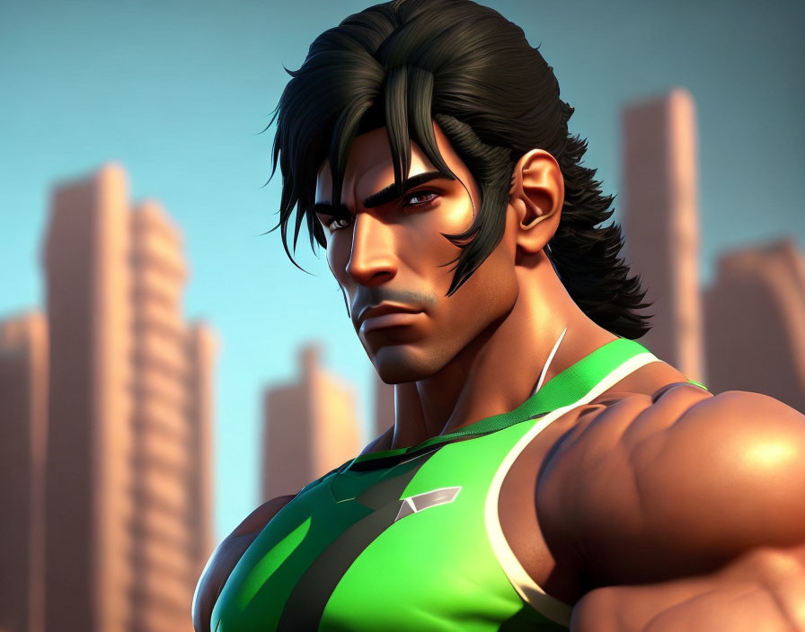 Black-Haired Male Character in Green Sports Outfit with City Skyline Background