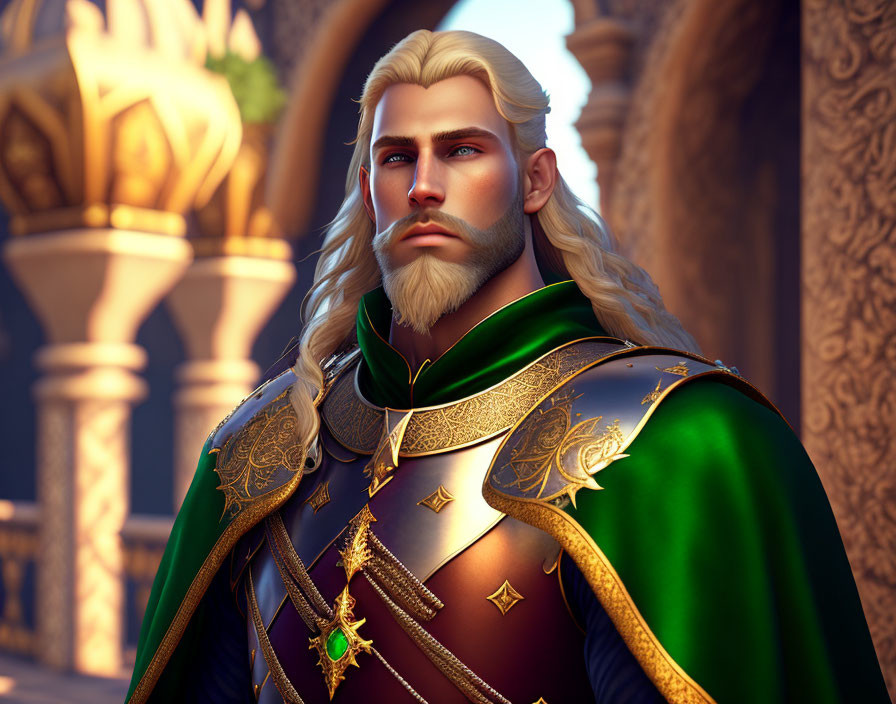 Blonde-haired animated character in ornate green and gold cloak in palace corridor