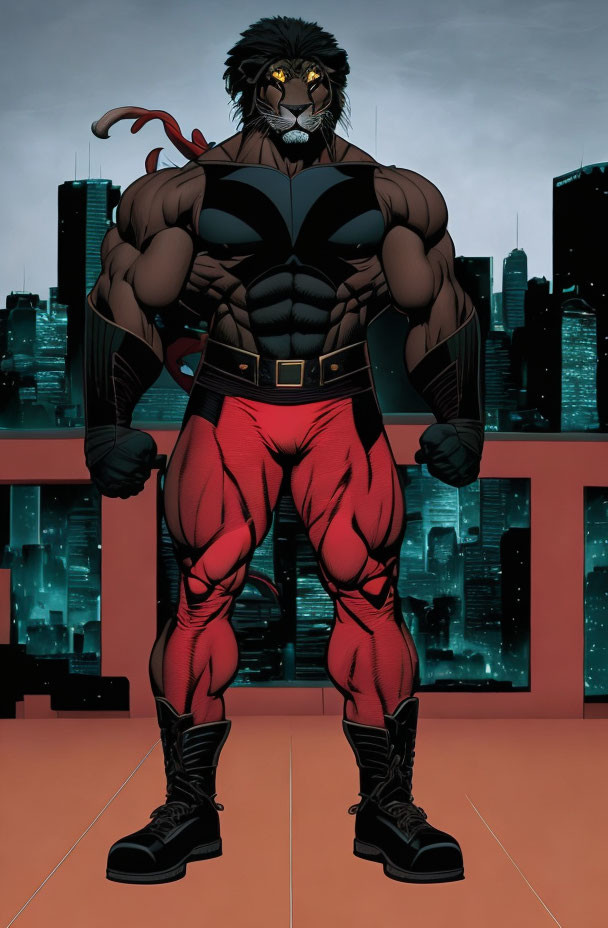 Muscular lion-headed animated character in black and red superhero costume with cityscape background