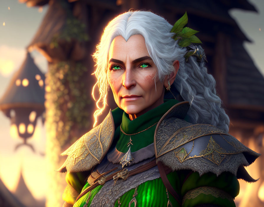 Elderly Elf Digital Artwork: White Hair, Green Eyes, Leaf Accessories