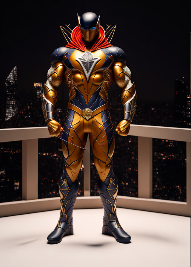 Gold and Blue Superhero Action Figure in City Skyline Night Scene