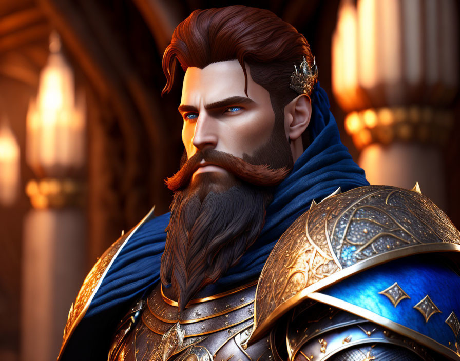 Animated regal character in blue royal armor with crown in castle setting